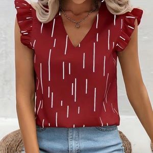 NWT Burgundy Women's Lined Graphic Print Ruffle Hem V Neck Blouse